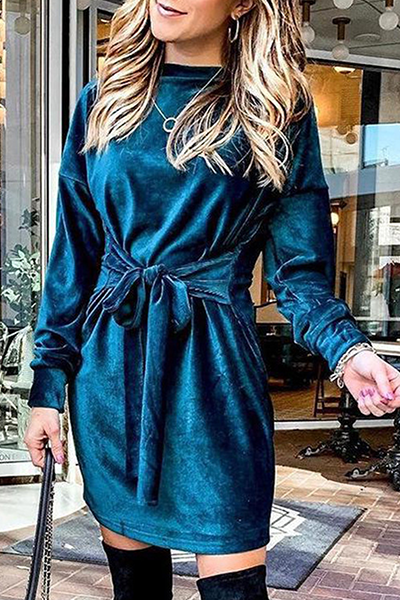 Fashion Elegant & Stylish Classic Solid Patchwork Strap Design O Neck A Line Dresses(4 Colors)