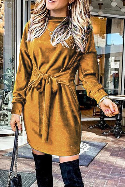 Fashion Elegant & Stylish Classic Solid Patchwork Strap Design O Neck A Line Dresses(4 Colors)