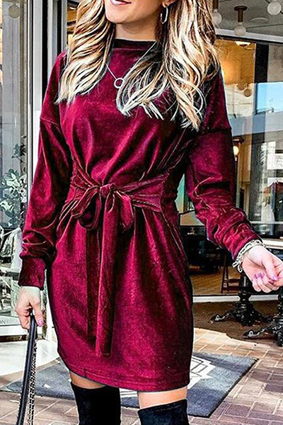 Fashion Elegant & Stylish Classic Solid Patchwork Strap Design O Neck A Line Dresses(4 Colors)