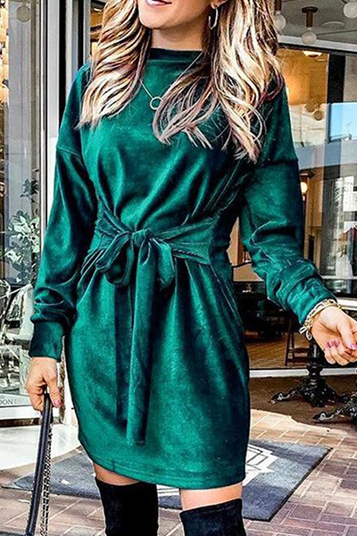 Fashion Elegant & Stylish Classic Solid Patchwork Strap Design O Neck A Line Dresses(4 Colors)