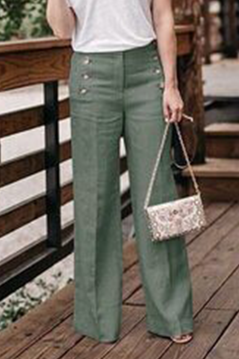 Casual & Stylish Classic Solid Buckle Straight High Waist Wide Leg Classic Solid Color Bottoms(5 Colors)