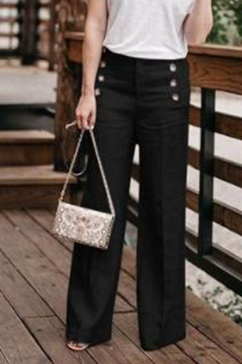 Casual & Stylish Classic Solid Buckle Straight High Waist Wide Leg Classic Solid Color Bottoms(5 Colors)