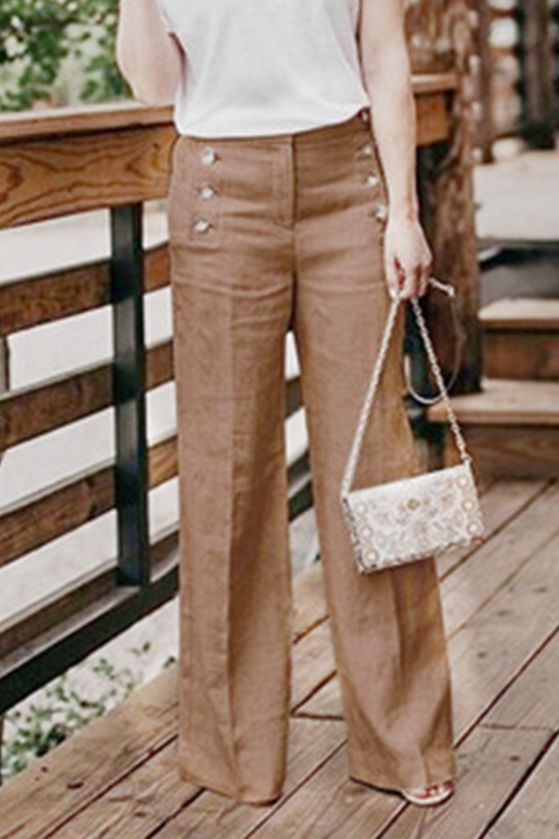 Casual & Stylish Classic Solid Buckle Straight High Waist Wide Leg Classic Solid Color Bottoms(5 Colors)