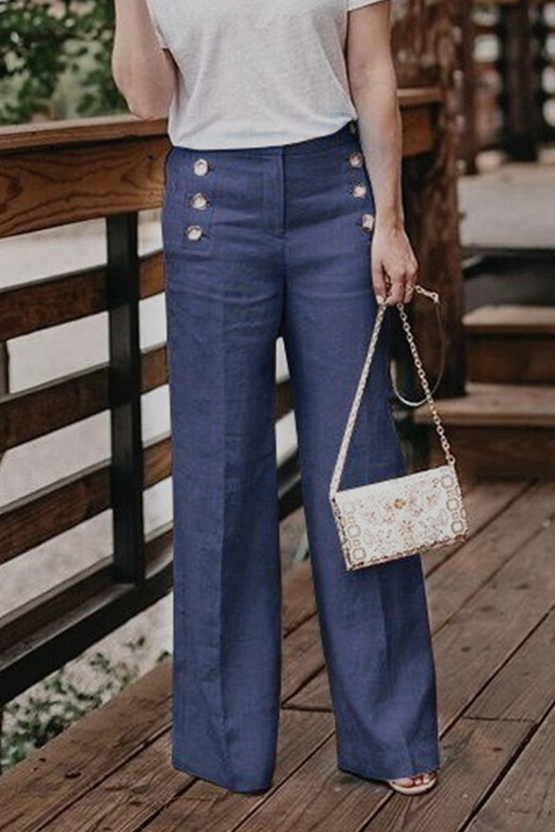 Casual & Stylish Classic Solid Buckle Straight High Waist Wide Leg Classic Solid Color Bottoms(5 Colors)