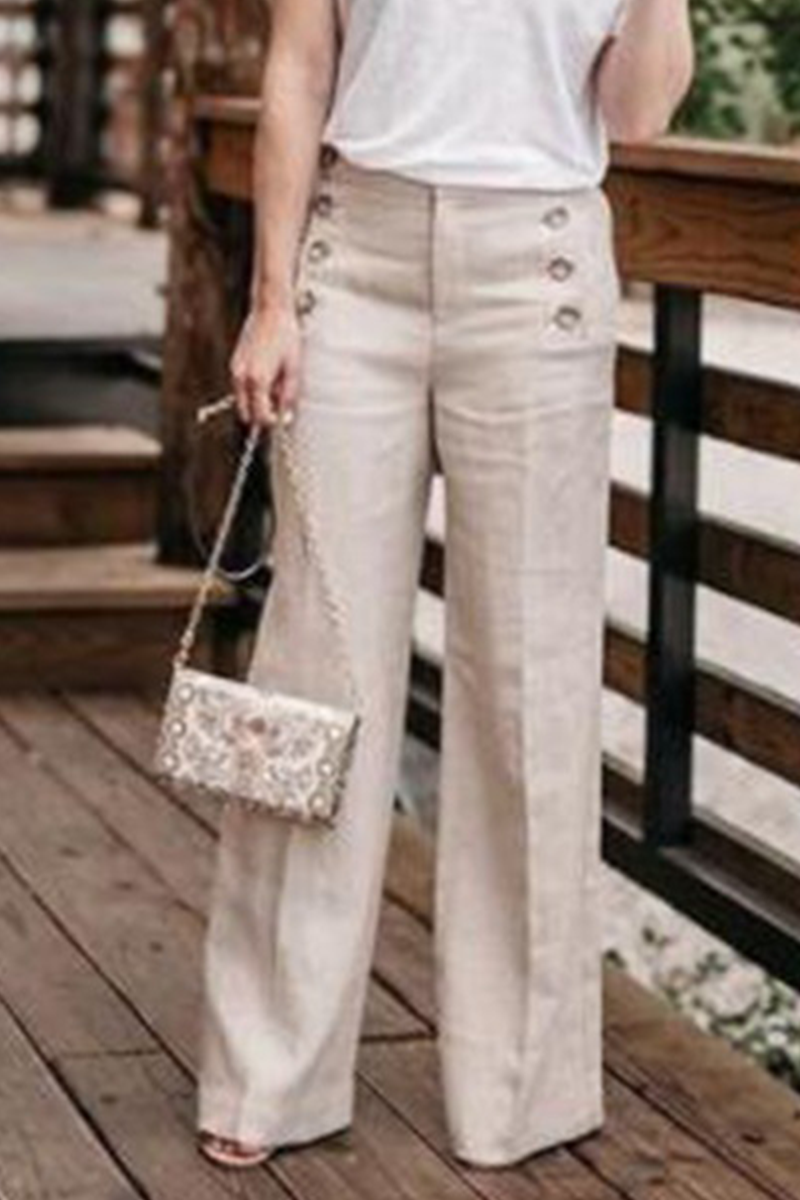 Casual & Stylish Classic Solid Buckle Straight High Waist Wide Leg Classic Solid Color Bottoms(5 Colors)