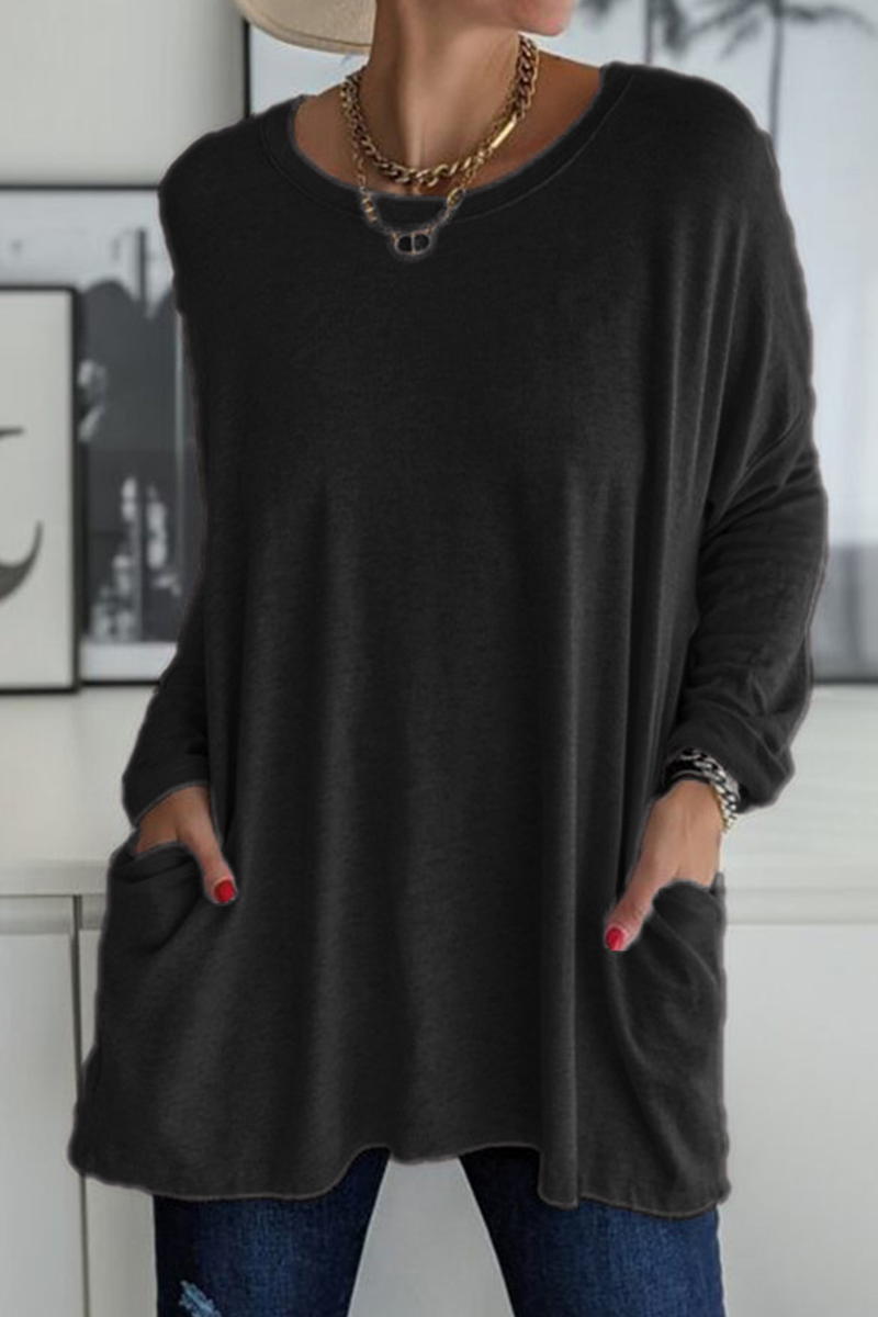 Casual effen patchwork top met zak en O-hals, trendy en veelzijdig