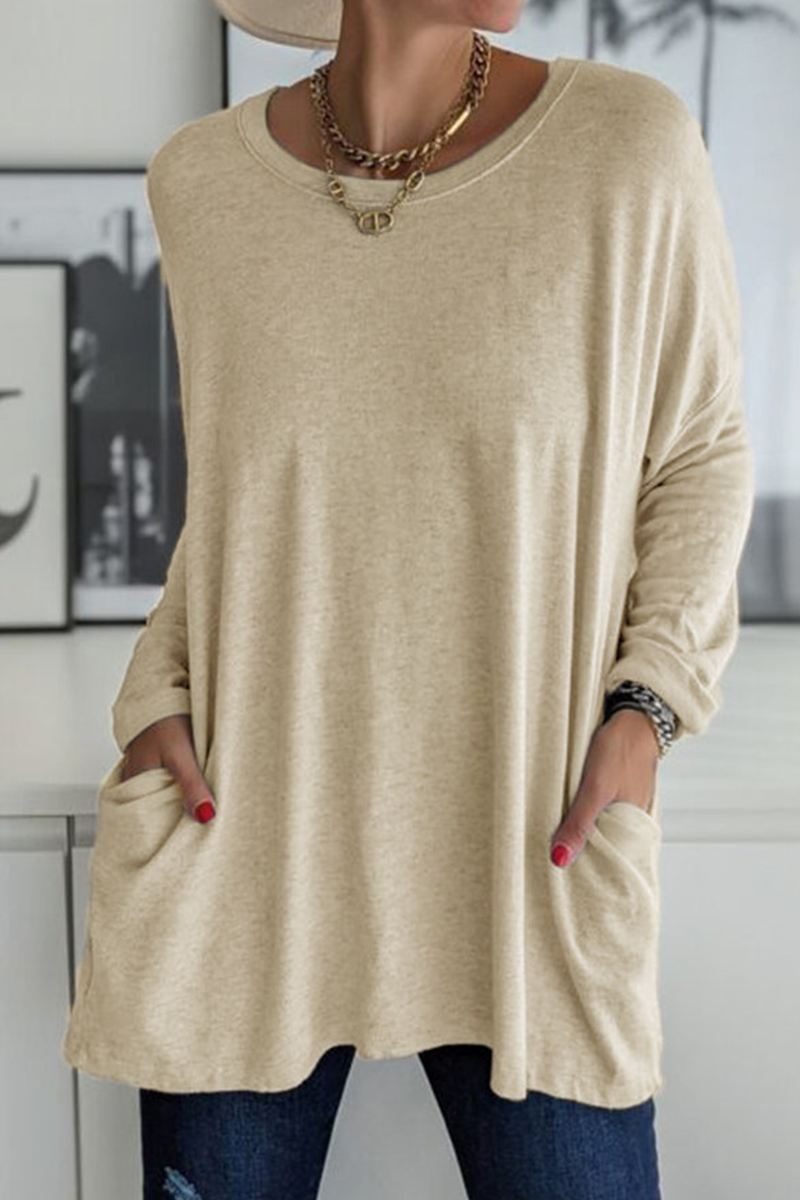 Casual effen patchwork top met zak en O-hals, trendy en veelzijdig