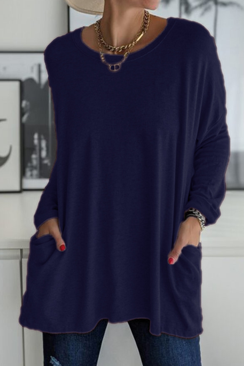 Casual effen patchwork top met zak en O-hals, trendy en veelzijdig