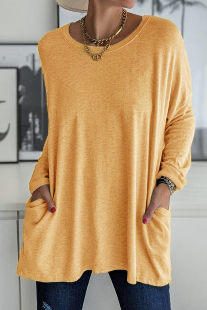 Casual effen patchwork top met zak en O-hals, trendy en veelzijdig