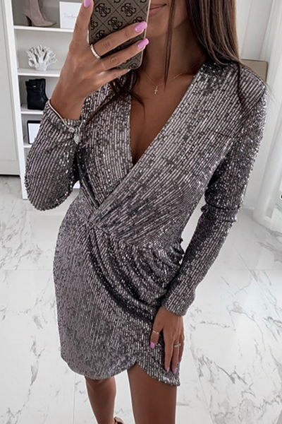 Fashion Elegant & Stylish Classic Solid Patchwork Fold V Neck Evening Dress Dresses