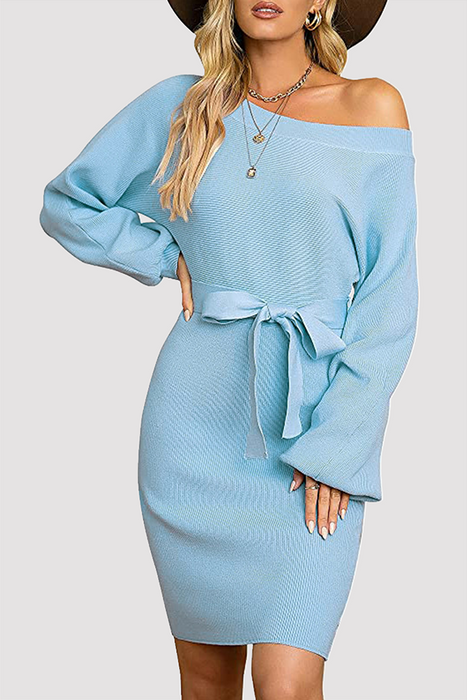 Fashion Elegant & Stylish Classic Solid Patchwork With Belt Oblique Collar Wrapped Skirt Dresses