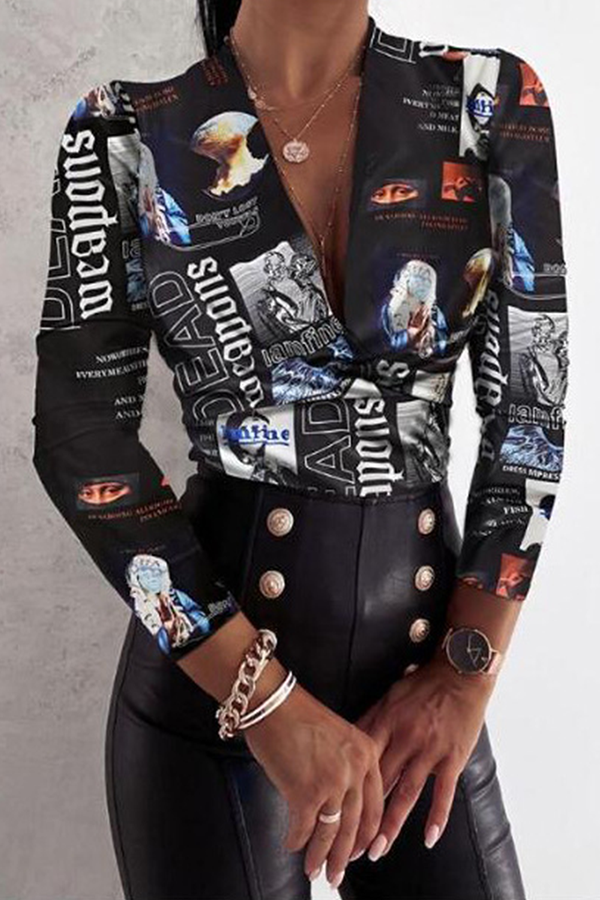 Fashion Elegant & Stylish Print Patchwork Fold V Neck Blouses(4 Colors)