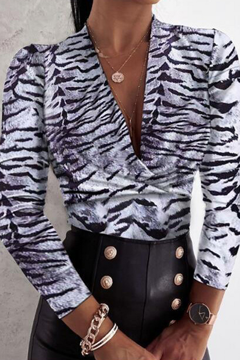 Mode elegante en stijlvolle print patchwork vouw V-hals blouses (4 kleuren)