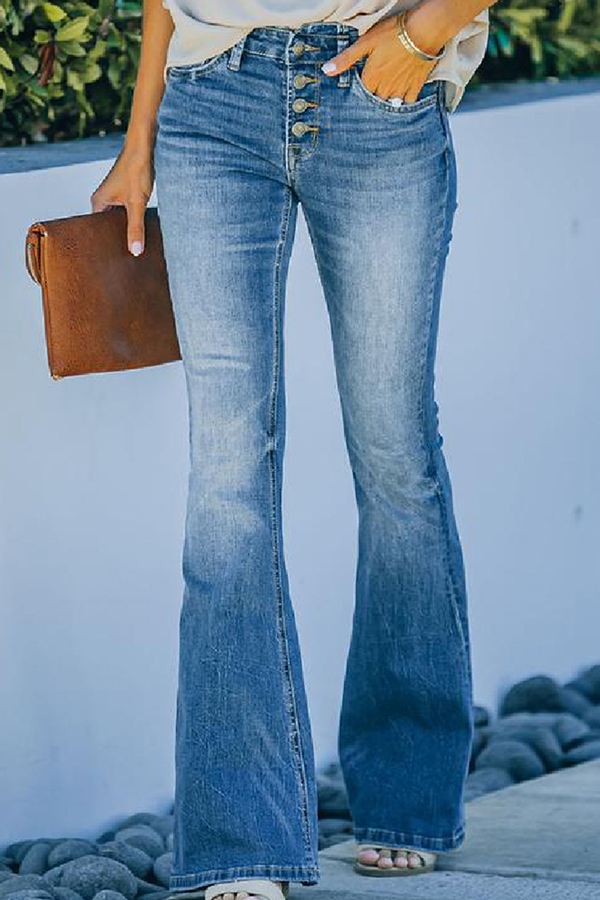 Fashion Casual & Stylish Classic Solid Buttons Basic Boot Cut Mid Waist Bottoms