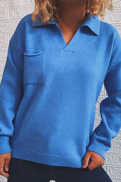 Casual & Stylish Classic Solid Pocket Turndown Collar Tops Sweater(5 Colors)