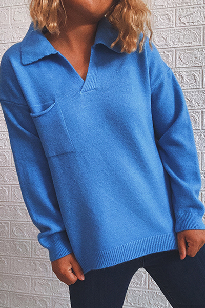 Casual & Stylish Classic Solid Pocket Turndown Collar Tops Sweater(5 Colors)