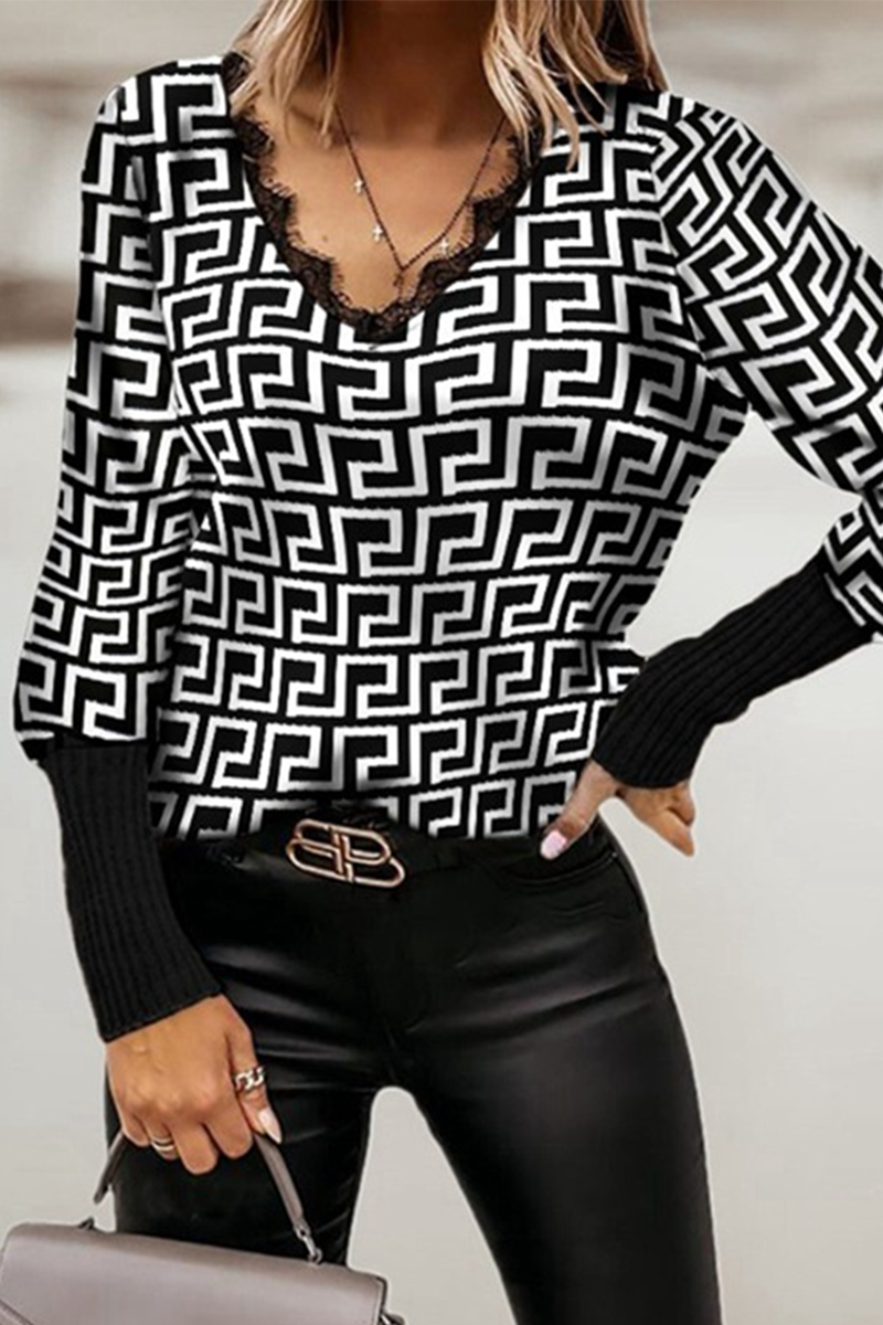 Casual en stijlvolle tops met geometrische kanten splitverbinding en V-hals