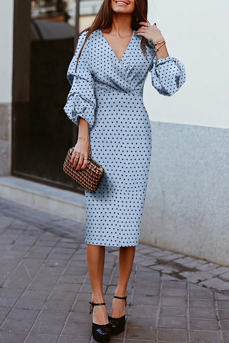 Fashion Elegant & Stylish Polka Dot Fold V Neck Waist Skirt Dresses
