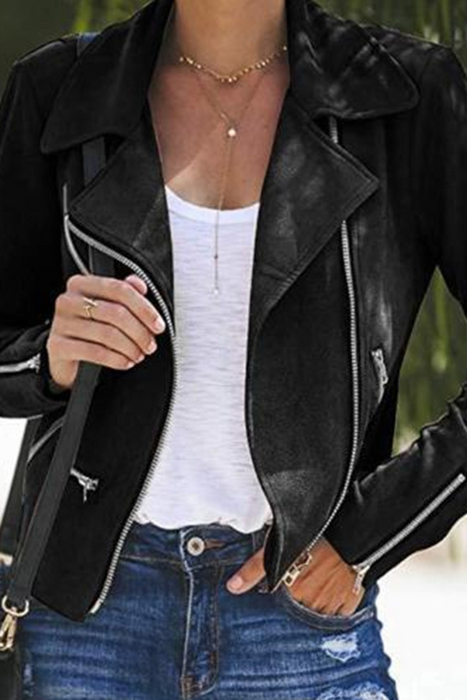 Fashion Street Classic Solid Patchwork Zipper Turndown Collar Outerwear