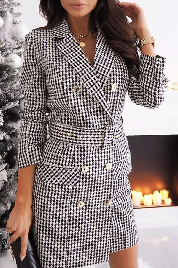 Fashion Elegant & Stylish Print Buckle With Belt Turn-back Collar Dresses