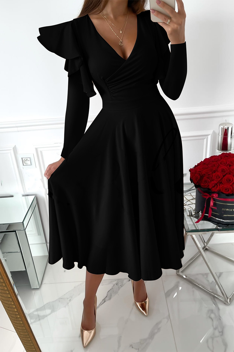 Fashion Elegant & Stylish Classic Solid Patchwork Flounce V Neck Waist Skirt Dresses(5 Colors)