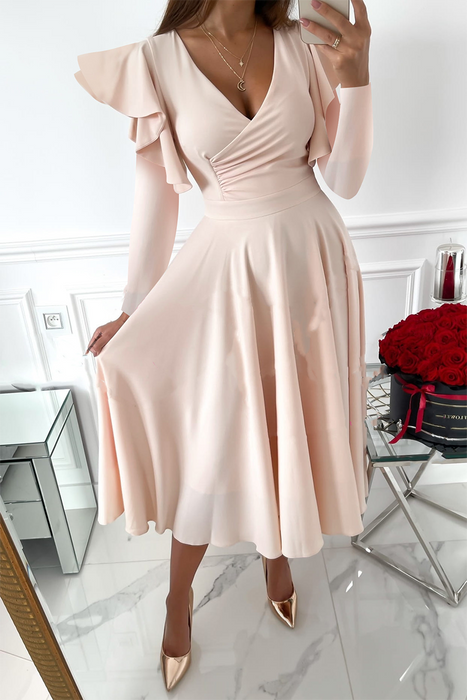 Fashion Elegant & Stylish Classic Solid Patchwork Flounce V Neck Waist Skirt Dresses(5 Colors)