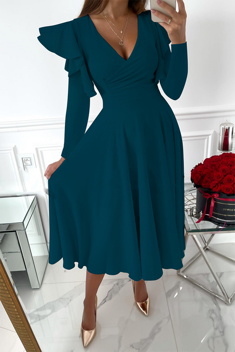 Fashion Elegant & Stylish Classic Solid Patchwork Flounce V Neck Waist Skirt Dresses(5 Colors)