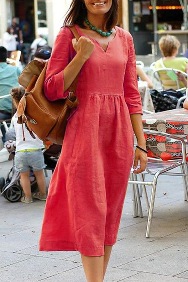 Casual & Stylish Classic Solid Fold V Neck A Line Dresses(4 Colors)