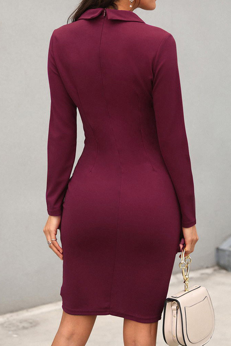 Elegant & Stylish Classic Solid Patchwork Buckle Turn-back Collar Wrapped Skirt Dresses(4 Colors)