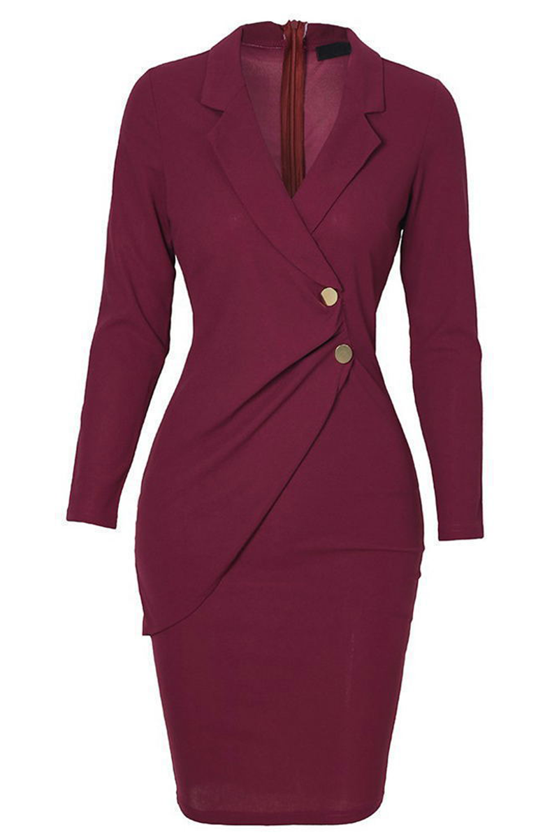 Elegant & Stylish Classic Solid Patchwork Buckle Turn-back Collar Wrapped Skirt Dresses(4 Colors)