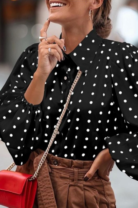 Fashion Elegant & Stylish Polka Dot Split Joint Buckle Turndown Collar Tops