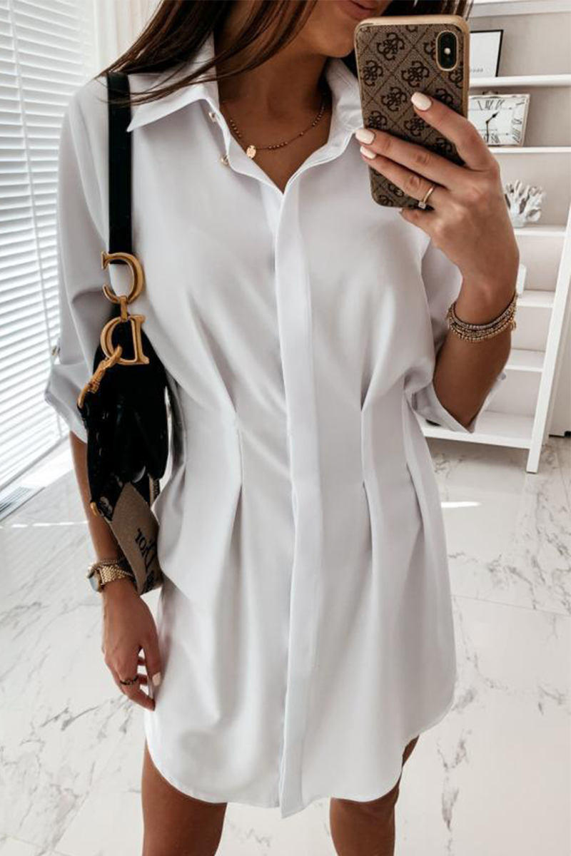 Casual & Stylish Classic Solid Buckle Fold Turndown Collar Shirt Dress Dresses(3 Colors)