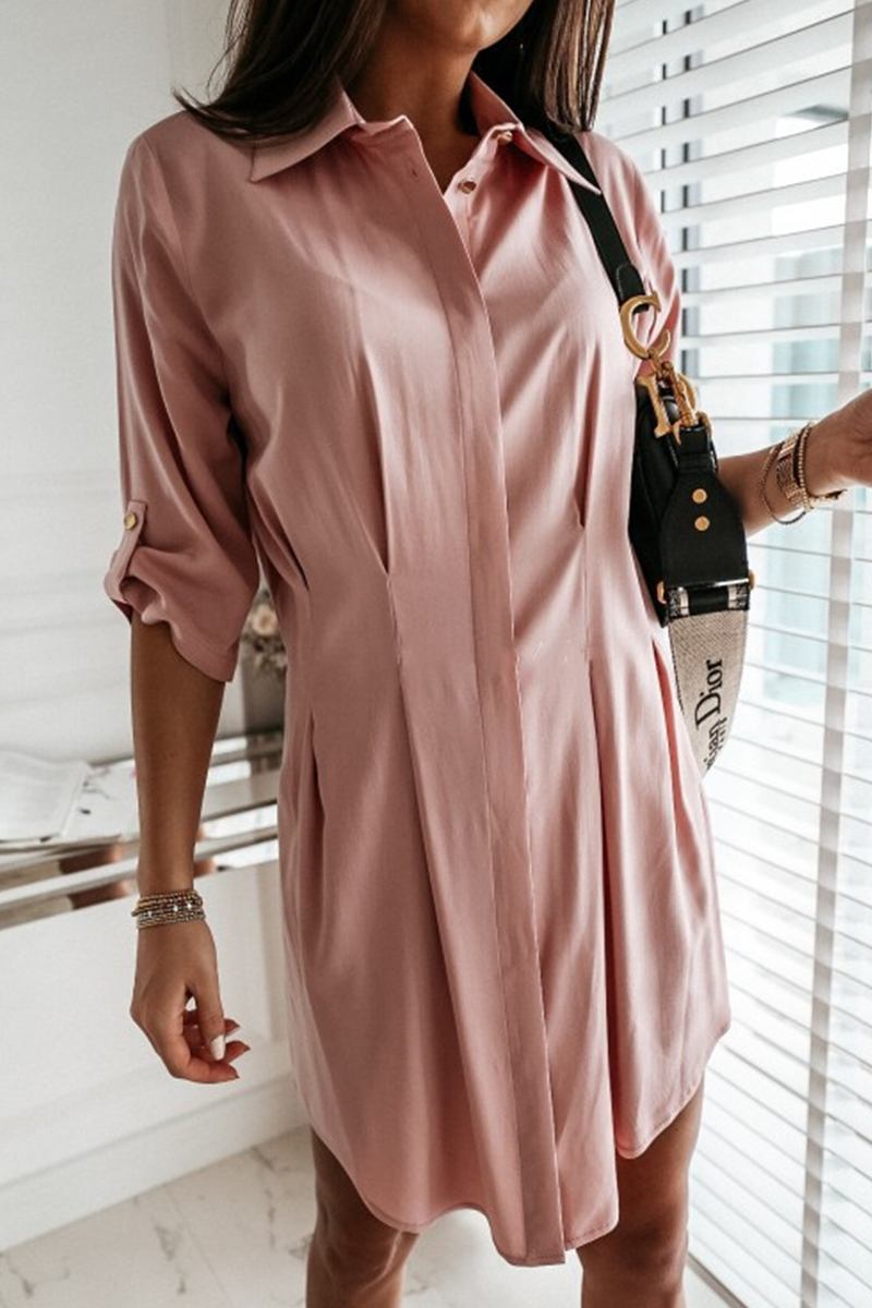 Casual & Stylish Classic Solid Buckle Fold Turndown Collar Shirt Dress Dresses(3 Colors)