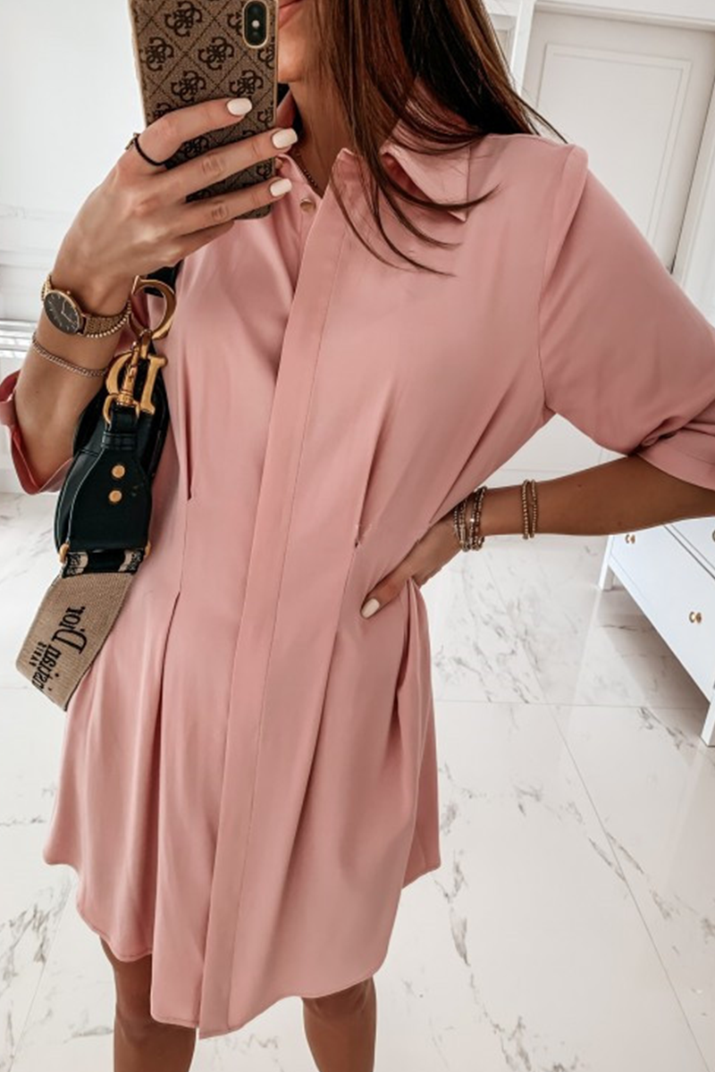 Casual & Stylish Classic Solid Buckle Fold Turndown Collar Shirt Dress Dresses(3 Colors)