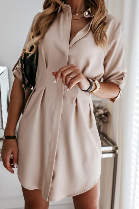 Casual & Stylish Classic Solid Buckle Fold Turndown Collar Shirt Dress Dresses(3 Colors)