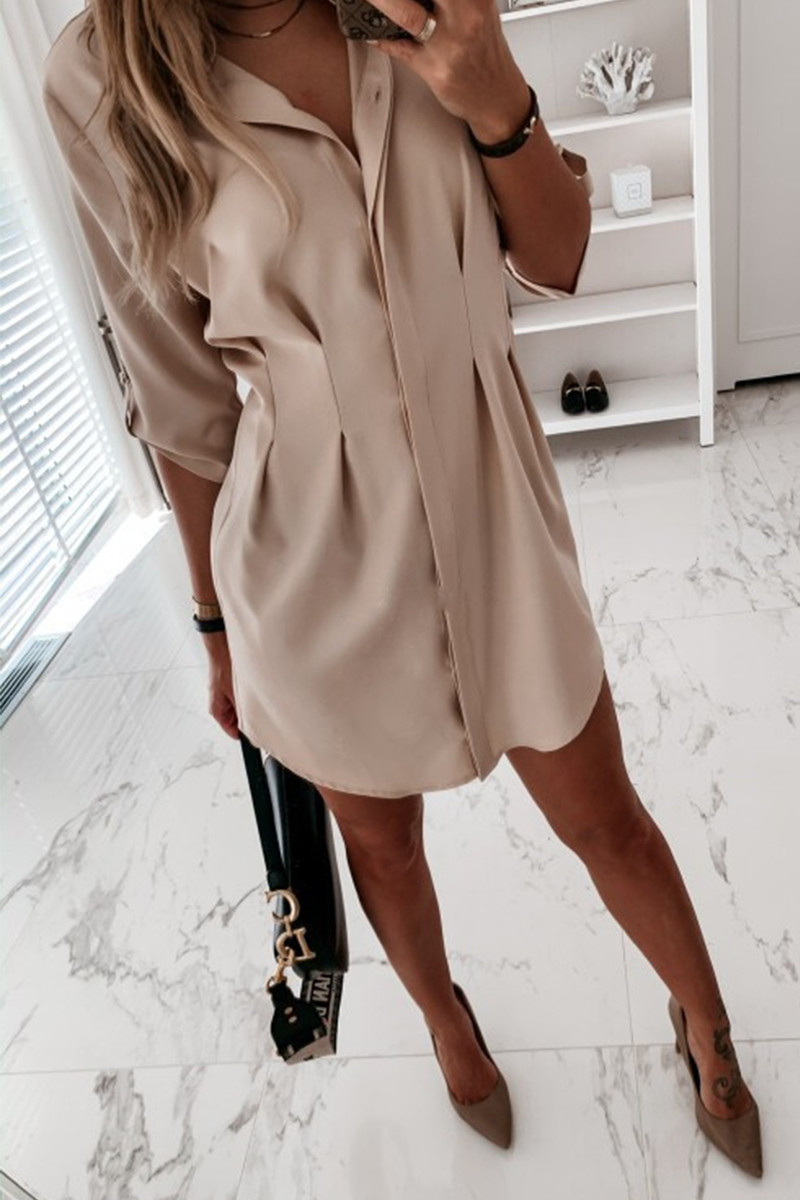 Casual & Stylish Classic Solid Buckle Fold Turndown Collar Shirt Dress Dresses(3 Colors)