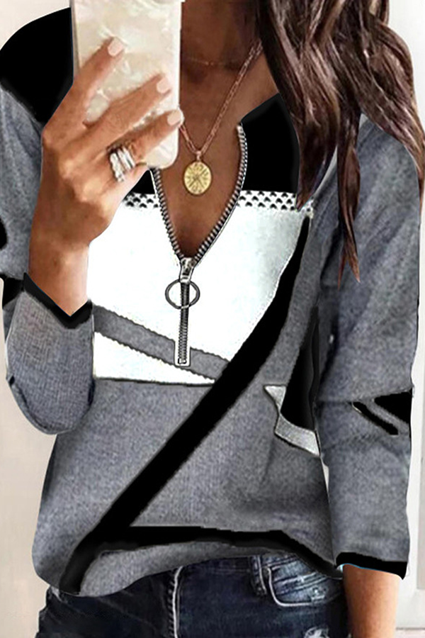 Casual & Stylish Print Patchwork Contrast Zipper Collar Tops(5 Colors)