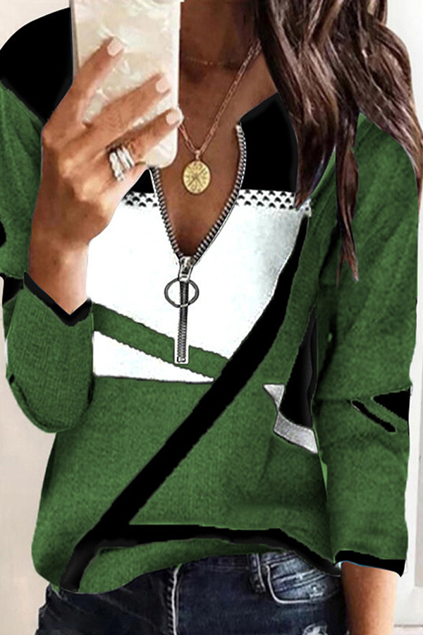 Casual & Stylish Print Patchwork Contrast Zipper Collar Tops(5 Colors)