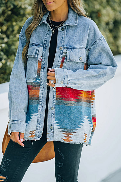 Fashion Casual & Stylish Geometric Pocket Buckle Turndown Collar Outerwear