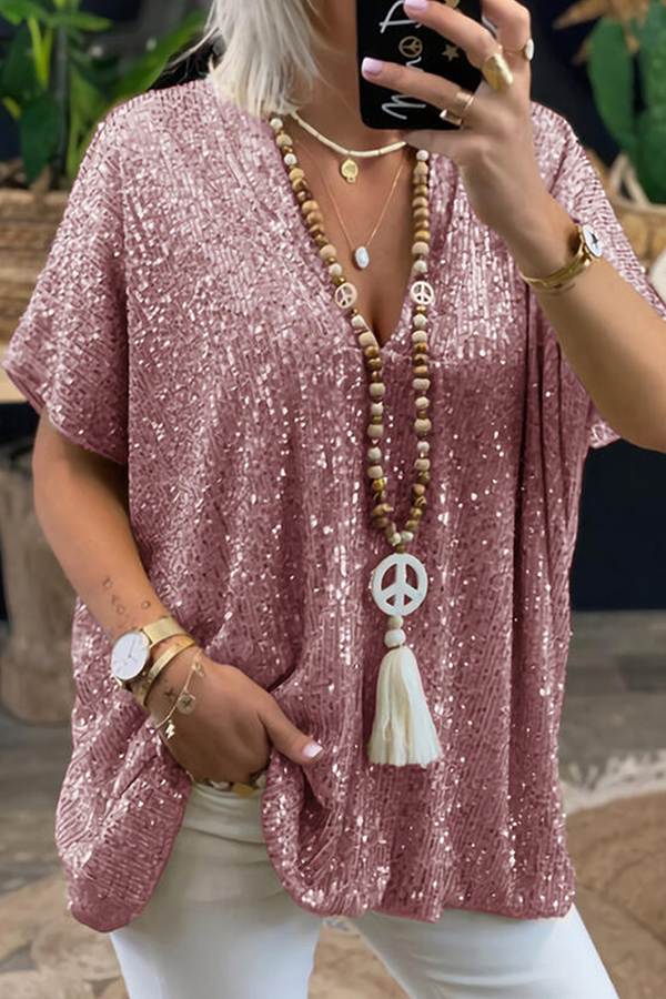 Fashion Casual & Stylish Classic Solid Sequins V Neck T-shirts