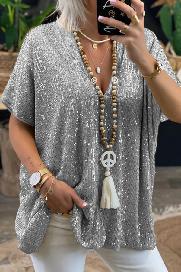 Fashion Casual & Stylish Classic Solid Sequins V Neck T-shirts