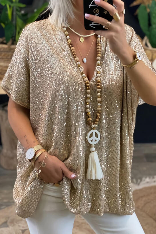 Fashion Casual & Stylish Classic Solid Sequins V Neck T-shirts
