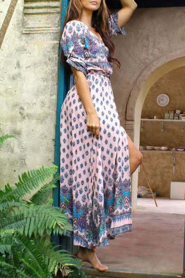 Bohemian Vibes: Slit V-Neck Dresses with Print Buckle Detail