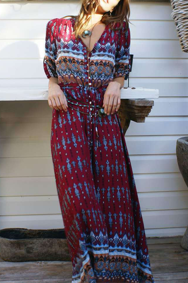 Bohemian Vibes: Slit V-Neck Dresses with Print Buckle Detail