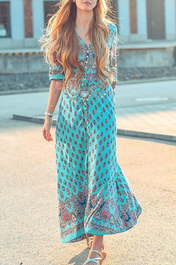 Bohemian Vibes: Slit V-Neck Dresses with Print Buckle Detail
