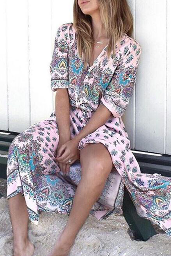 Bohemian Vibes: Slit V-Neck Dresses with Print Buckle Detail