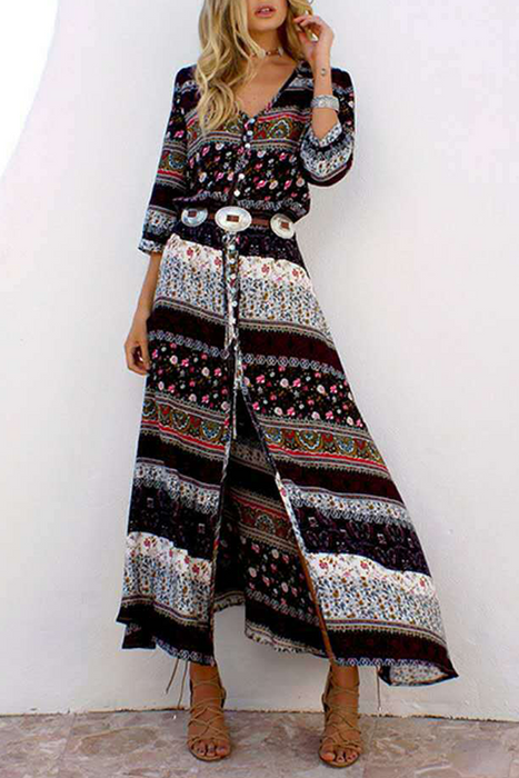 Bohemian Vibes: Slit V-Neck Dresses with Print Buckle Detail