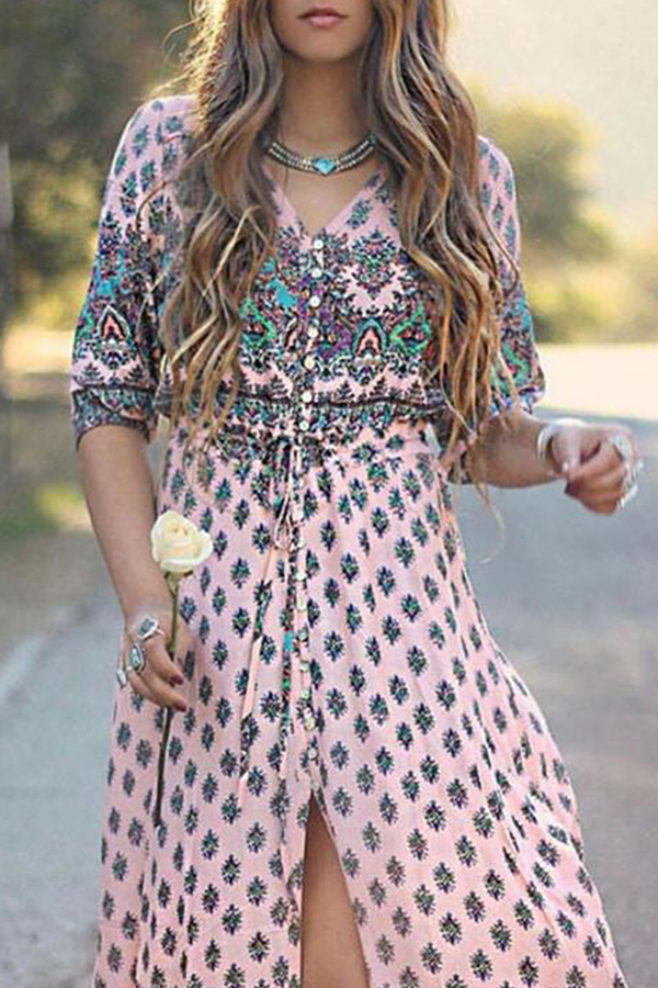 Bohemian Vibes: Slit V-Neck Dresses with Print Buckle Detail