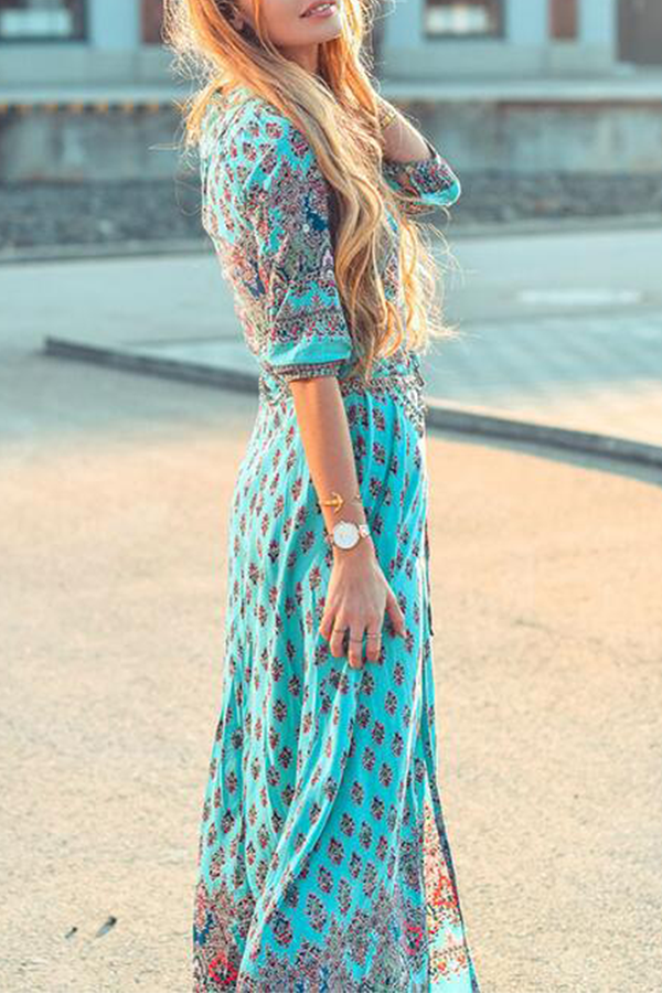 Bohemian Vibes: Slit V-Neck Dresses with Print Buckle Detail
