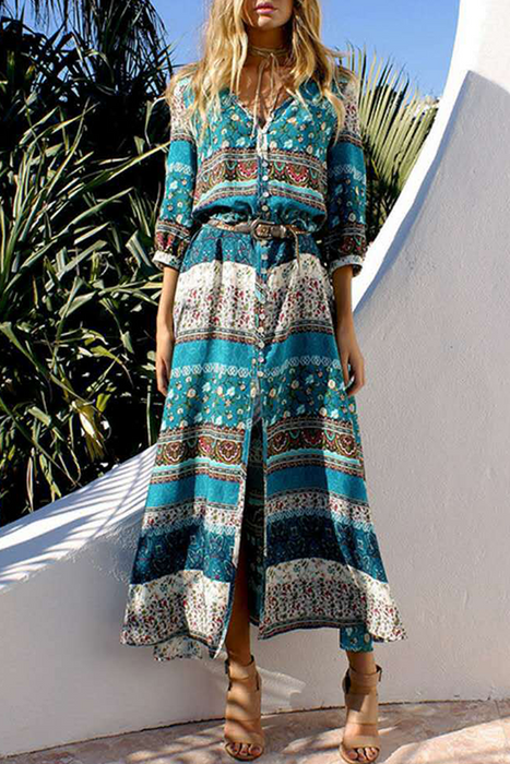 Bohemian Vibes: Slit V-Neck Dresses with Print Buckle Detail